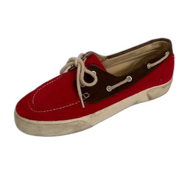 Polo Ralph Lauren Lilia Red Corduroy Brown Suede Deck Boat Shoe Size 9B - Picture 1 of 13